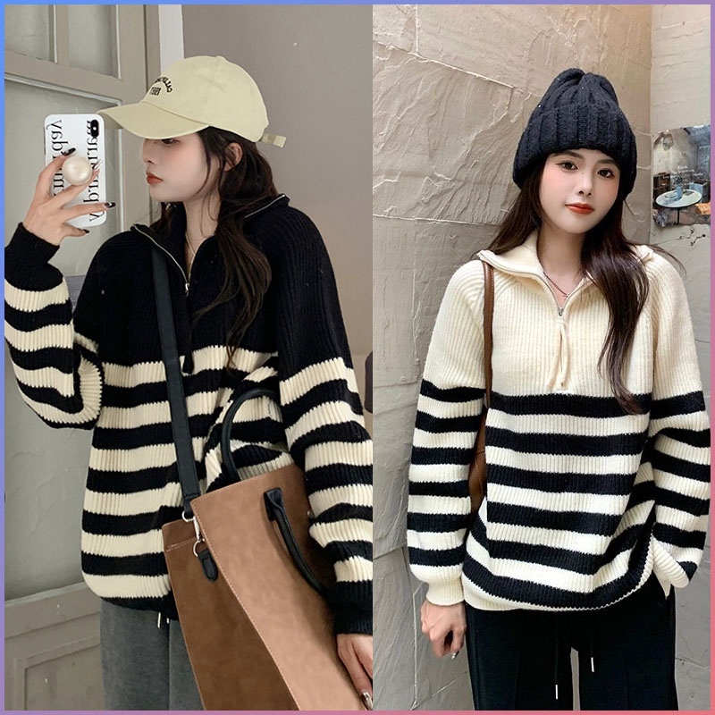 STYLE ❤️เสื้อสเวตเตอร์ไหมพรมซิปหน้าลายทางสำหรับผู้หญิง ลายทางให้ลุคที่ดูดีมีสไตล์แต่เรียบง่าย #99043