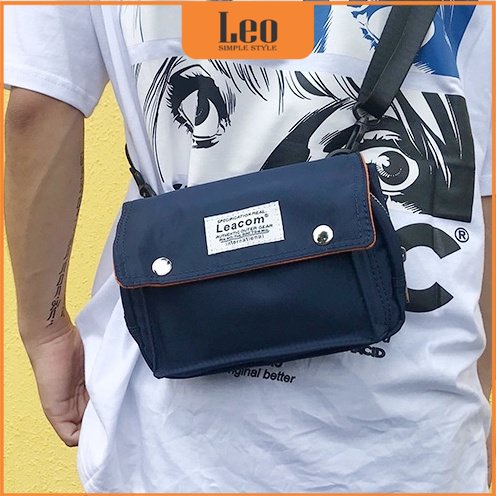 LEO Mens Mini Crossbody Bag High Quality Waterproof Oxford Fabric สีดํา T76