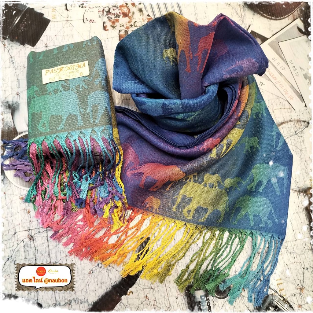 ผ้าพันคอ ผ้าคลุมไหล่ ผ้าฝ้าย Pashmina แคชเมียร์ ลายช้างครอบครัวสีรุ้ง สินค้าไม่ได้แพคใส่กล่อง แพคเกจถุงแก้วใสธรรมดา