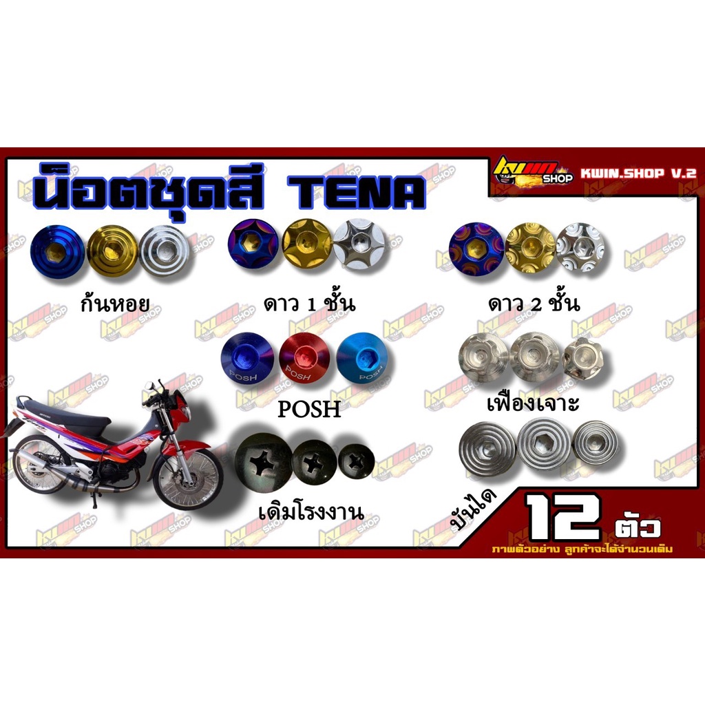น็อตชุดสี TENA (เทน่า) (1ชุด=12 ตัว) น็อตชุดสีเทน่า น็อตเฟรมเทน่า น็อตชุดสีเทน่า