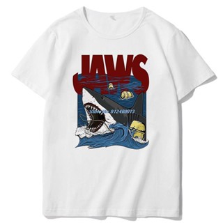 เสื้อคู่วินเทจ ขากรรไกร Great White อเมริกันคลาสสิกกราฟิกเสื้อยืดแขนสั้นเสื้อยืดแขนสั้น Harajuku Streetwear เสื้อยืดคอโอ