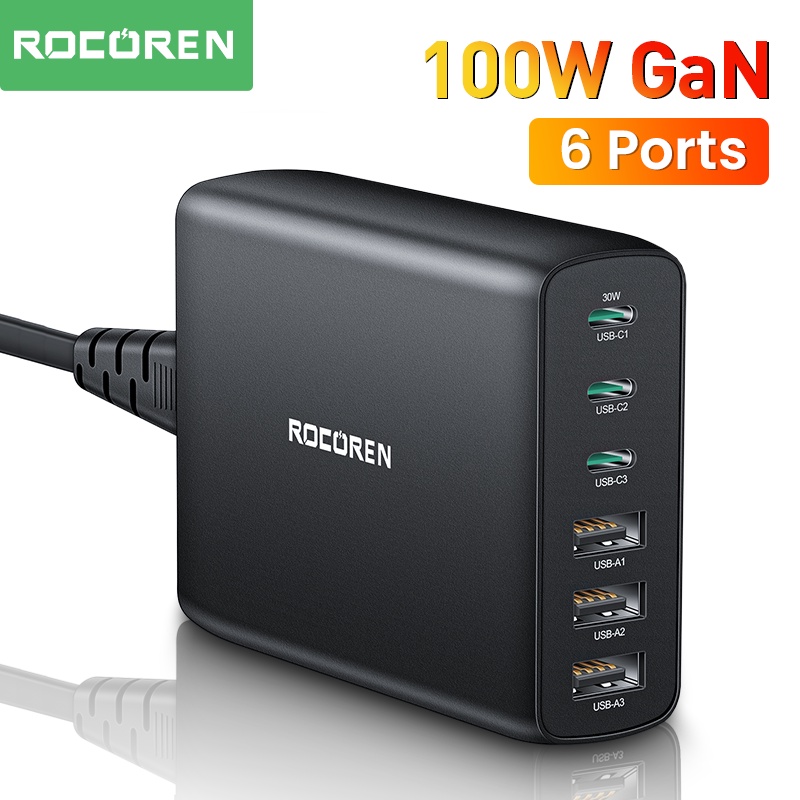 Rocoren ที่ชาร์จ 100W GaN 6 พอร์ต USB Type C PD ชาร์จเร็ว 4.0 3.0 USB สําหรับ iPhone 15 14 13 Pro Xiaomi