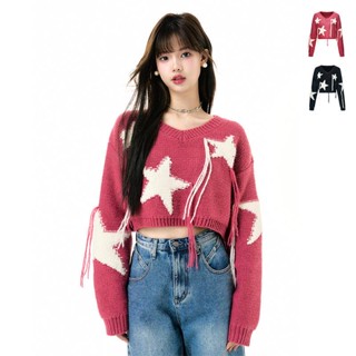 chummy 22FW star tassel sweater short loose knitted sweater สเวตเตอร์ตัวโคล่ง เสื้อกันหนาว เสื้อไหมพรมลายดาว