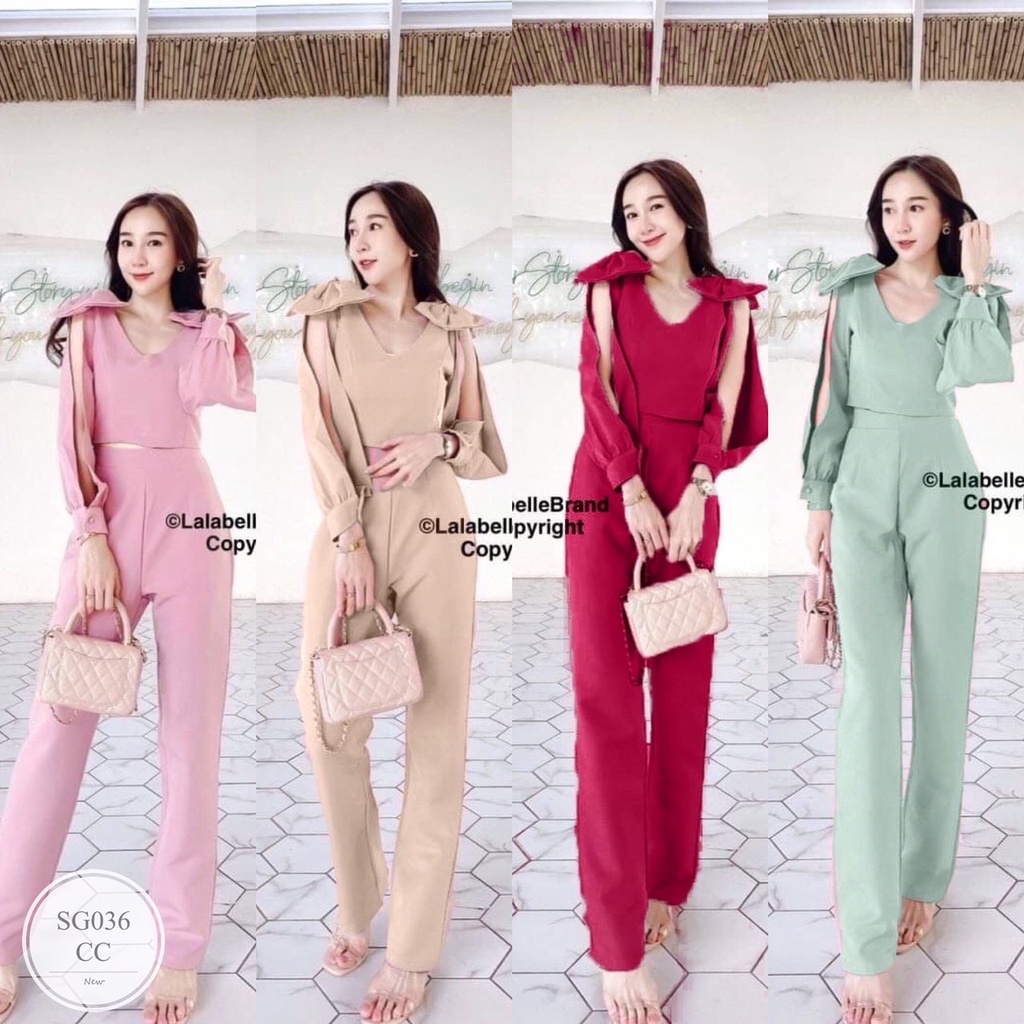 ES036 เซ็ท 2 ชิ้น เสื้อเปิดแหวกไหล่ ฟรุ้งฟริ้งแต่งไหล่ด้วยโบว์ทั้ง 2 ข้าง มาคู่กางเกงขายาว