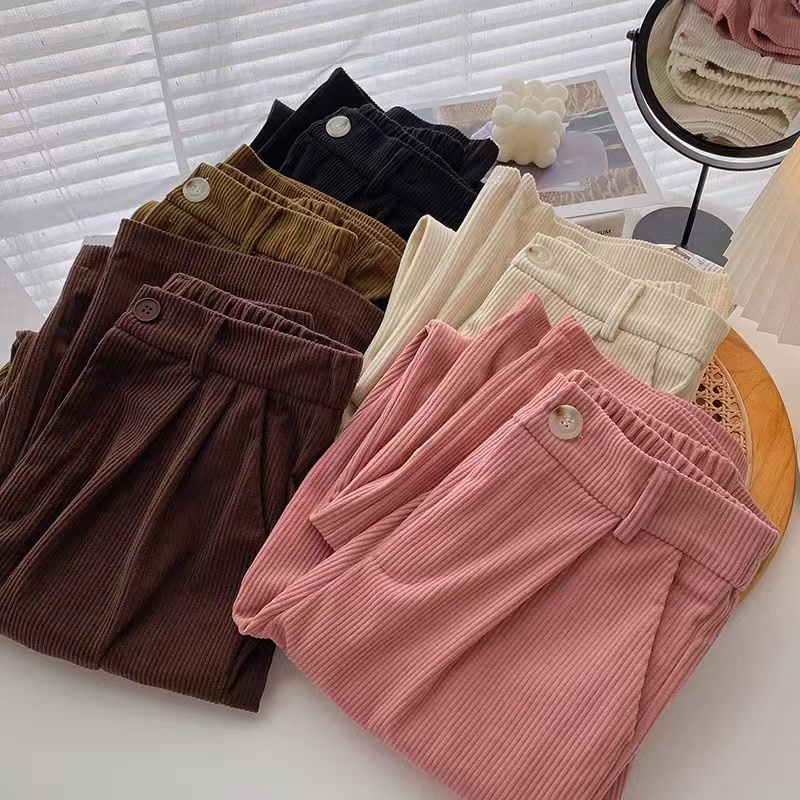 JEANS กางเกงขายาวทรงกระบอกเอวสูง ผ้าลูกฟูก เอวเข้ารูปใส่แล้วเก็บทรงสวย สไตล์บอยๆ