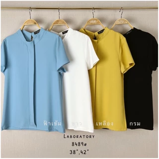 Laboratory 8489#เสื้อทำงานสีพื้น คอปีนแขนสั้น ไซส์ 36",38",42"