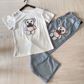 พร้อมส่ง 🌸 เซ็ทเสื้อกางเกงปักเลื่อม ลายน้องหมี เนื้อผ้าดี มือ 1