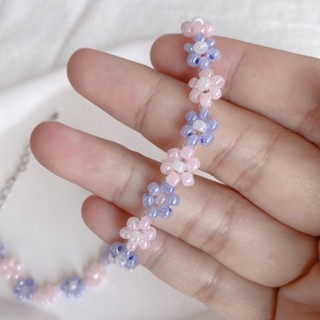 พร้อมส่ง  🌸 bluepink floral  💗สร้อยข้อมือลูกปัดญี่ปุ่น 🌷สร้อยข้อมือลูกปัดดอกไม้ มินิมอล น่ารัก กำไล