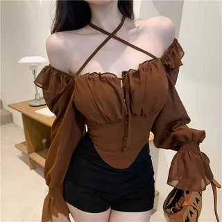 Cicishop(3047)เสื้อครอปแขนยาว แต่งชายระบายเก็บทรงสวย ดีเทลสายคล้องคอเพิ่มระดับความแซ่บ