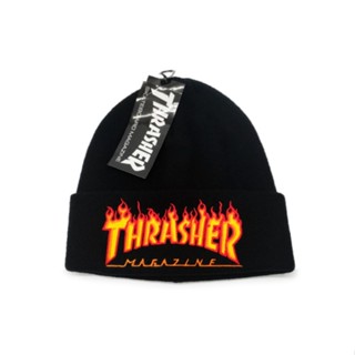 หมวกถัก ผ้าวูล ปักลายเปลวไฟ THRASHER สไตล์ญี่ปุ่น สตรีท สําหรับผู้ชาย และผู้หญิง