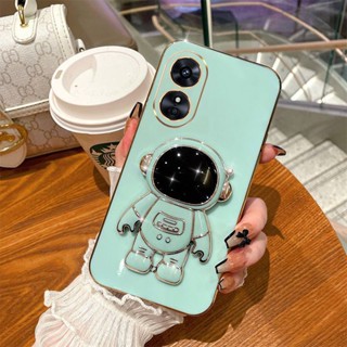 OPPO A17 A17K A77S A57 4G 2022 A16 A15 A15S A96 A95 A76 A74 4G A74 5G Luxury Square Edges Plating Back TPU Soft Case with Astronaut Holder Glossy Casing