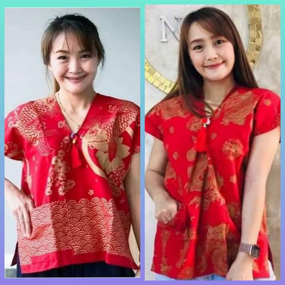 เสื้อตรุษจีนสีแดงผู้หญิง เสื้อคอกะเหรี่ยง ผ้าฝ้ายพิมพ์ลาย #ปลาคราฟทอง #มังกรทอง