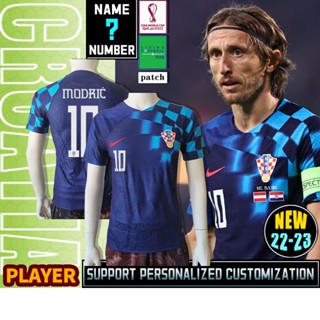 เสื้อกีฬาแขนสั้น ลายทีมชาติฟุตบอล Croatia 2022 Away ชุดเยือน สีฟ้า ไซซ์ S - 2XL