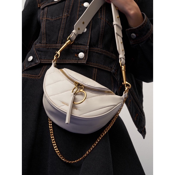 มือ2 Charles & Keith Wrinkled-Effect Half-Moon Crossbody Bag - Ivory