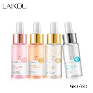 Laikou เซรั่มบํารุงผิวหน้า ทองคํา 24K ซากุระ วิตามินซี กรดไฮยารูลอนิก ลดรูขุมขน ให้ความชุ่มชื้น ลดริ้วรอยแห่งวัย ลดเลือนริ้วรอย 17 มล. 4 ชิ้น ต่อชุด