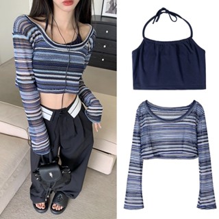 Theyourlooks ♡ พร้อมส่ง Blue knitted with halter set เซ็ต 2 ชิ้น เสื้อถัก+สายเดี่ยว 🥏🌏🩵 (TYL521)