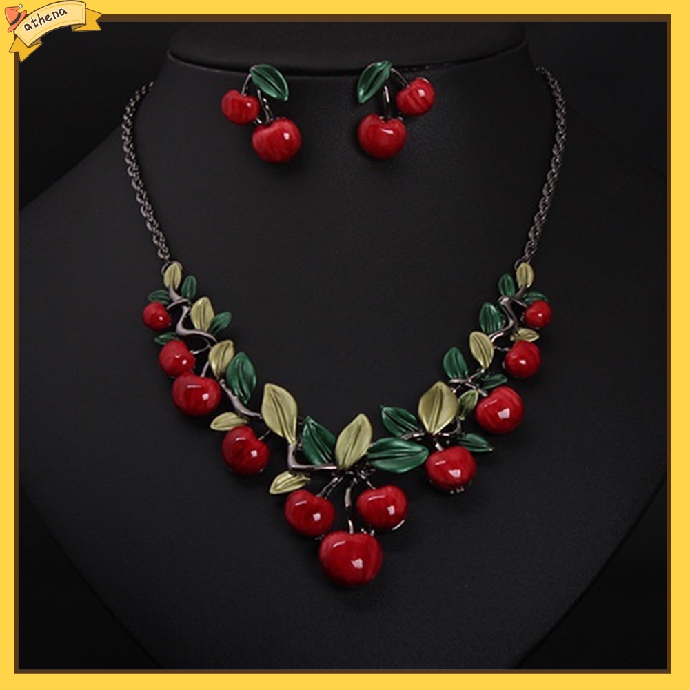 【Athena】 ชุดเครื่องประดับ สร้อยคอ ต่างหูจี้เชอร์รี่แดง สไตล์วินเทจ สำหรับผู้หญิง ราคา ถูกที่สุด ดีลบีเคเค แกลเลอรีภาพที่ 2