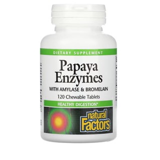 Papain เอนไซม์จากมะละกอ การย่อย Papaya Enzymes + Amylase &amp; Bromelain, 120 Chewable Tablets ,Natural Factors