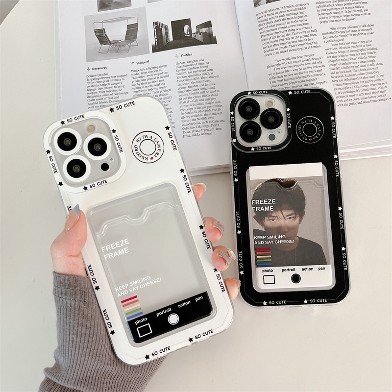 เคสโทรศัพท์มือถือ แบบใส ลายกล้องถ่ายรูป พร้อมช่องใส่บัตรเครดิต สําหรับ iPhone 14 13 12 11 Pro Max XR 8 7 Plus