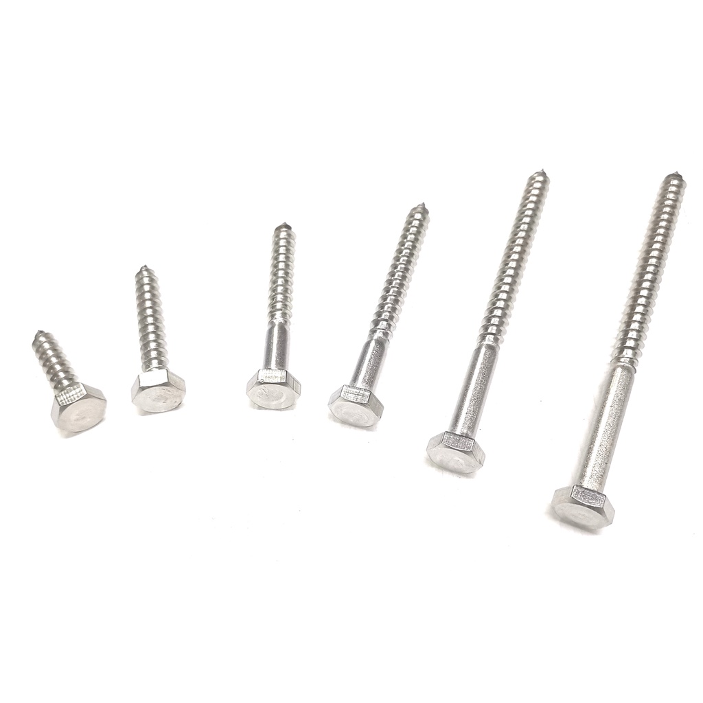 เกลียวปล่อยหัวหกเหลี่ยม สแตนเลส 1/4x1"-5" เกรด 304 แท้ เกลียวปล่อยไม้สแตนเลส สกรูไม้สแตนเลส