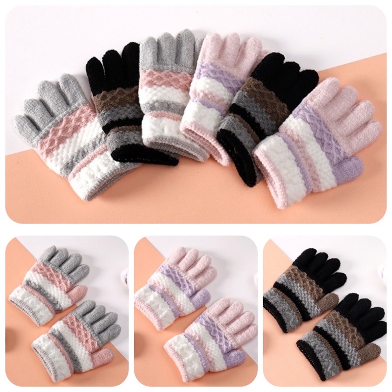 พร้อมส่ง ถุงมือเด็ก ผ้าหนานุ่ม ใส่อุ่น กันลมกันหนาว รุ่นแถบสี