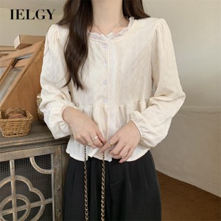 IELGY เสื้อเชิ้ตแขนยาว สีขาว สไตล์เกาหลี สําหรับผู้หญิง