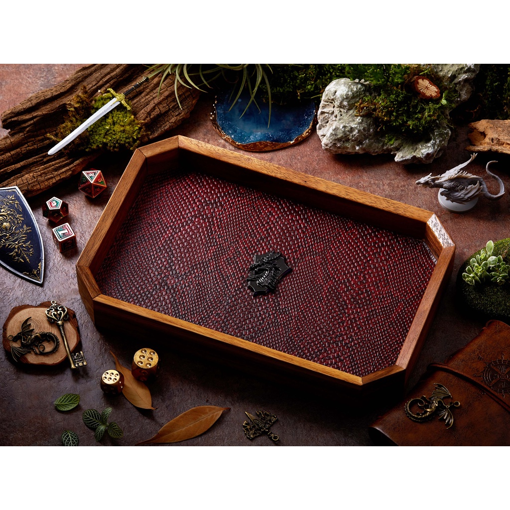 Dragon Shield Dice Tray | Red Leather & Metal Shield Black | Octagon Dice Tray | Faux Leather | RPG 