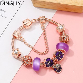 Dinglly สีม่วง เคลือบ ดอกไม้ เสน่ห์ สร้อยข้อมือ สําหรับผู้หญิง เด็กผู้หญิง DIY สีโรสโกลด์ ต้นไม้แห่งชีวิต กําไลข้อมือ ลูกปัด