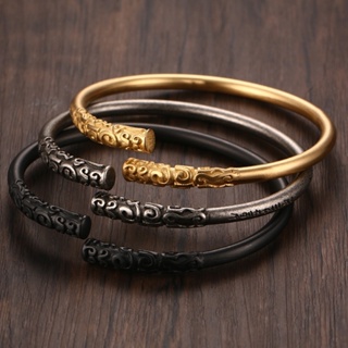 สร้อยข้อมือแฟชั่นผู้ชาย แหวนทอง ดํา เงิน แกะสลัก Rune Journey to the West Gold Hoop Bar Opening Bracelet Adjustable Bracelet