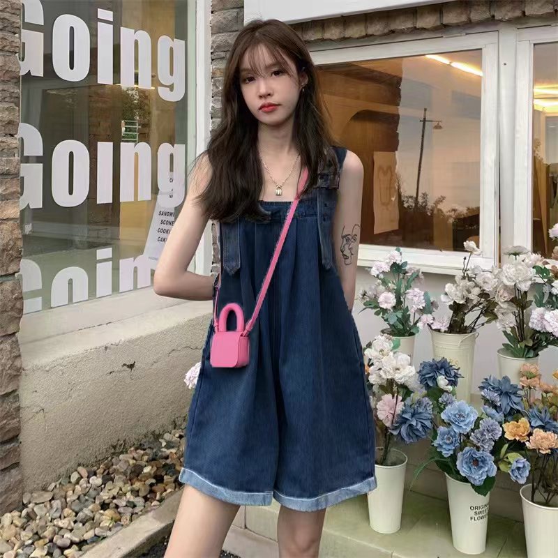 ชุดเอี้ยมกางเกงยีนขาสั้น สวมใส่สบาย สไตล์ย้อนยุค สำหรับผู้หญิง 010002# - รูปที่ 2