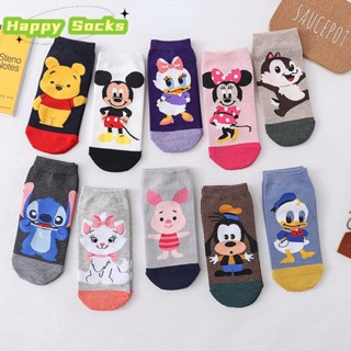 【Happy Socks】ถุงเท้าข้อสั้น ผ้าฝ้าย ระบายอากาศ ลายการ์ตูนมิกกี้เมาส์ โดนัลด์พูห์น่ารัก สไตล์ญี่ปุ่น สําหรับผู้หญิง