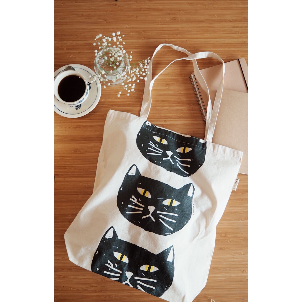 กระเป๋าผ้าดิบธรรมชาติ ลายแมวสามหัว Tote bag natural fabric print with three heads cat