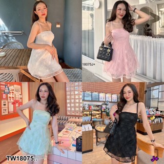 J18075 เดรสสายเดี่ยวสั้น ผ้ามุ้ง ลายดอกไม้ One-shoulder dress, short, mosquito net, floral pattern