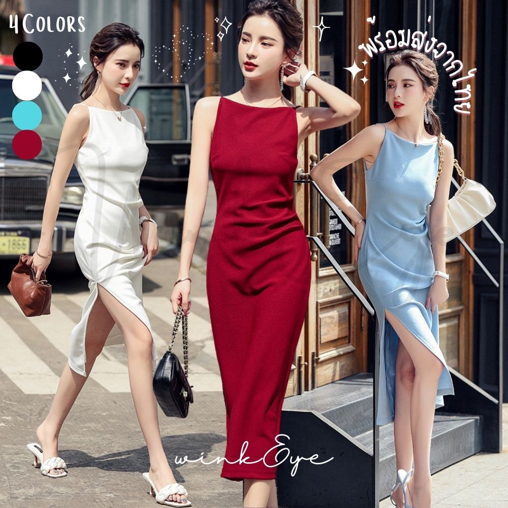 (Dress5-132)พร้อมส่งจากไทย Dress เดรสสายเดี่ยว ตีเกล็ดเอว เรียบหรู มี 4 สี ผ้านุ่มยืดมีน้ำหนัก เดรสออกงาน ไปเที่ยว ราตรี