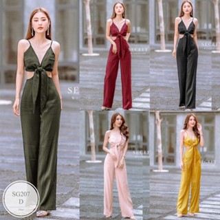 ST207  Jumpsuit จั้มสูทสายเดี่ยว อกผูกโบว์สายเดี่ยวผูกแบบไขว้ด้านหลัง เอวสม็อคหลัง มีซิปหลัง งานผ้าซ่าร่า พร้อมส่ง  สี :