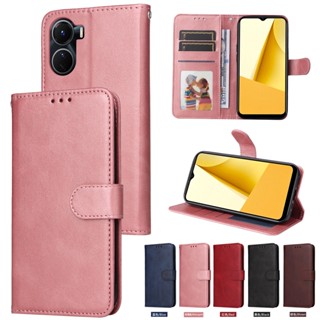 เคสหนัง ฝาพับ พร้อมช่องใส่บัตร สีพื้น สําหรับ Vivo Y02S Y16 Y35 Y22s