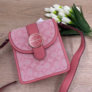 (ผ่อน0%) กระเป๋าสะพายข้าง Coach North/South Lonnie Crossbody In Signature Jacquard ลายซี สีชมพู