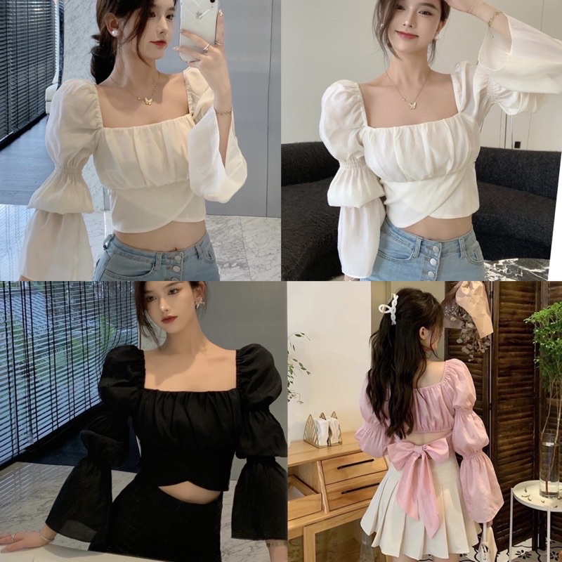 เสื้อชีฟองแขนยาวประดับโบว์สไตล์เกาหลีสําหรับผู้หญิง เสื้อครอปคอเหลี่ยมไขว้ผูกโบว์หลังมี3สี เสื้อคอเหลี่ยม ผูกหลัง สไต