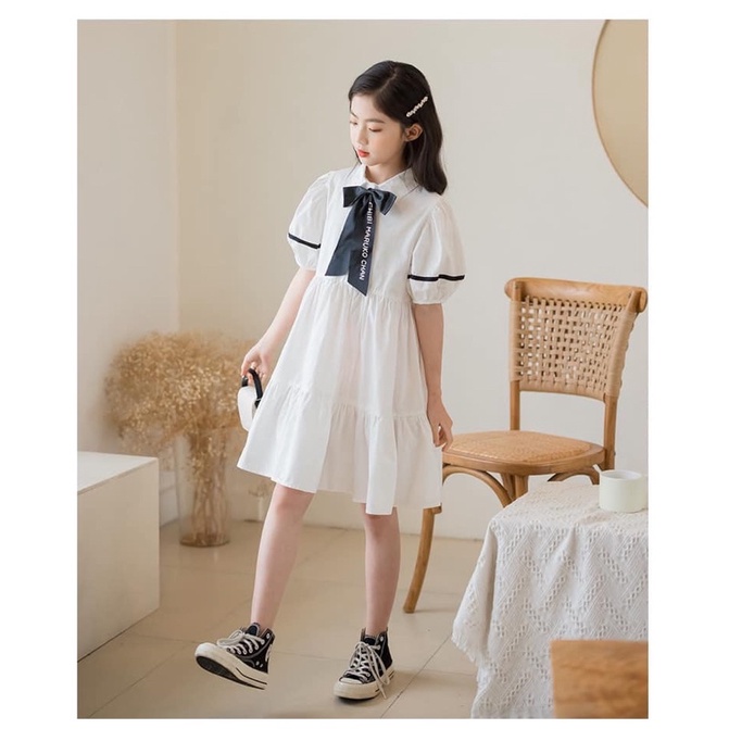 เดรสแขนตุ๊กตา สีขาว แต่งโบว์ / E16 / 530