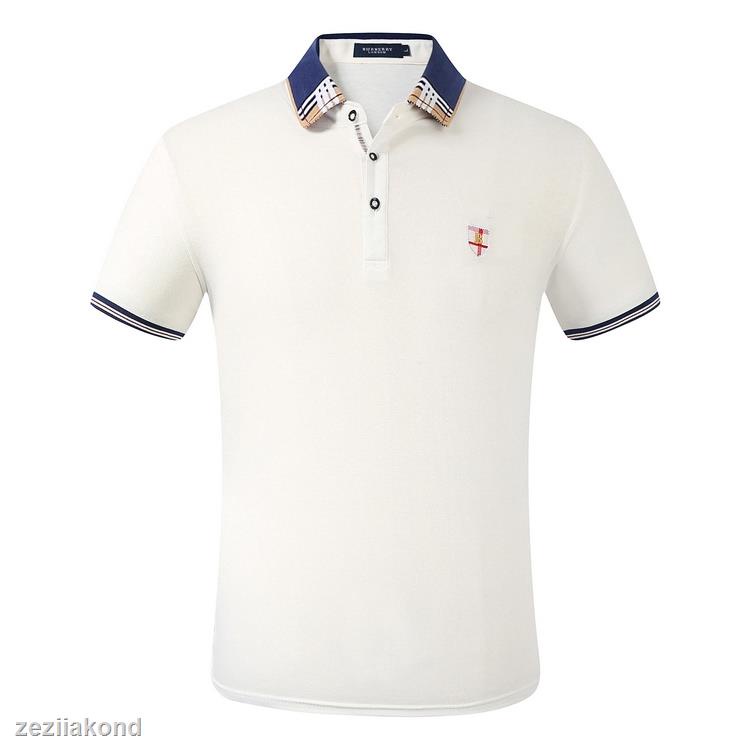 ●Men Polo Shirt Cotton Short Sleeve Polo Shirt With Bur_berry Plaid Pattern Collar Casual Shirt Business Wear