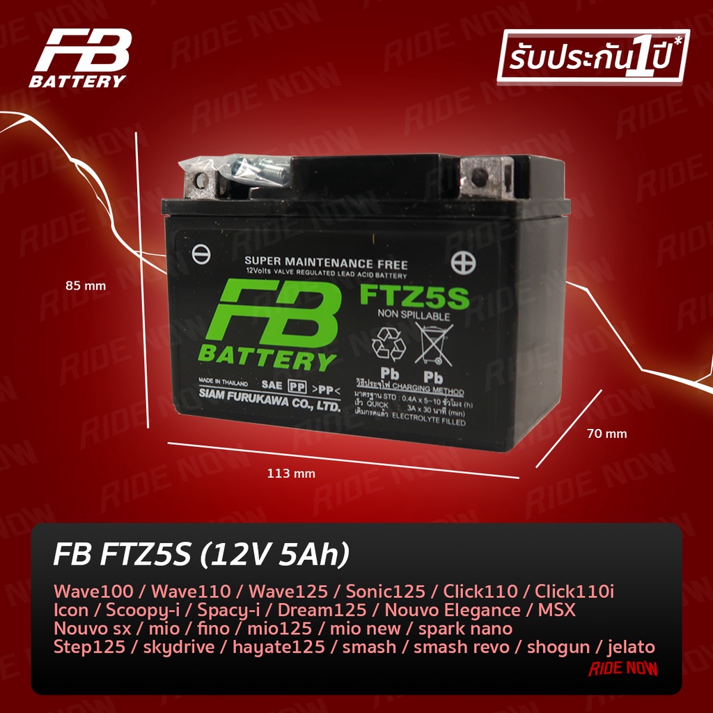 2.2 โค้ด 20XTRA22 FB Battery FTZ5s (5แอมป์) แบตเตอรี่แห้งมอเตอร์ไซค์ FINO MSX WAVE Click110 SCOOPYI