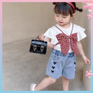 Girls short-sleeved T-shirt 2021 New Summer Childrens Online Red foreign style top womens treasure floral suspender fake two-piece T-shirt