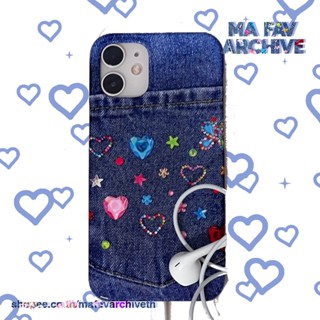 (พร้อมส่งจากไทย) mafavarchive - jeans glossy hard case เคสแข็งเปิดหัวท้าย PC สีฟ้า ลายยีนส์ติดกากเพชร