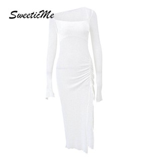 SweeticMe Womens Dress 2022 New Casual Fashion Sexy Slim Long Sleeve Solid Color Knit