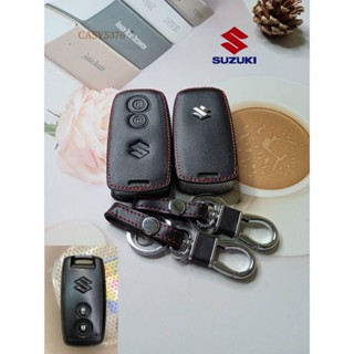 ปลอกกุญแจรถซูซูกิ Suzuki Swift Grand Vitara ซองกุญแจหนังแท้หุ้มรีโมทรถเคสหนังแท้ใส่กุญแจรถยนต์กันรอยกันกระแทกสีดำด้ายแดง