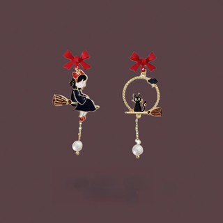 Red Bow Earrings Girl New Japan and South Korea Asymmetric Personality Fashion Pearl Tassel 925 Silver Ear Nail No Ear Hole Ear Clip Female