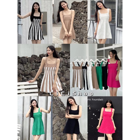 Cicishop(T1333)มินิเดรสสายเดี่ยวสีพื้น/ลายตรงไหมพรม มีเทคเจอร์ลายผ้า น่ารักสดใสสไตล์สาวเกาสุดดดด – โปรปัง