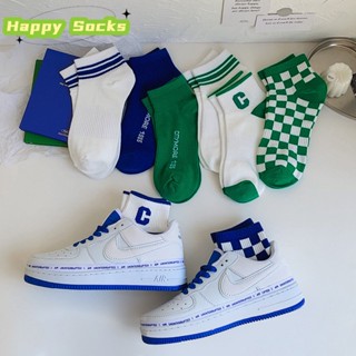 【Happy Socks】ถุงเท้ากีฬาลําลอง ข้อสั้น สีฟ้า สีเขียว แฟชั่นฤดูใบไม้ผลิ และฤดูร้อน