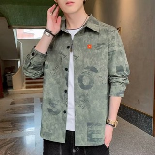 Fashion Men Casual Shirts Korean Letter Printed High Quality Large Size Unisex Long Sleeve Shirt