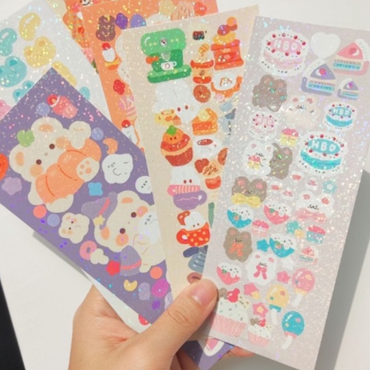 สติ๊กเกอร์หมี กระต่าย ไดคัท เคลือบโฮโลแกรม ใช้ติดโทรศัพท์ มือถือ ตกแต่งไดอารี่ สไตล์เกาหลี  Hologram Bear Sticker - รูปที่ 2